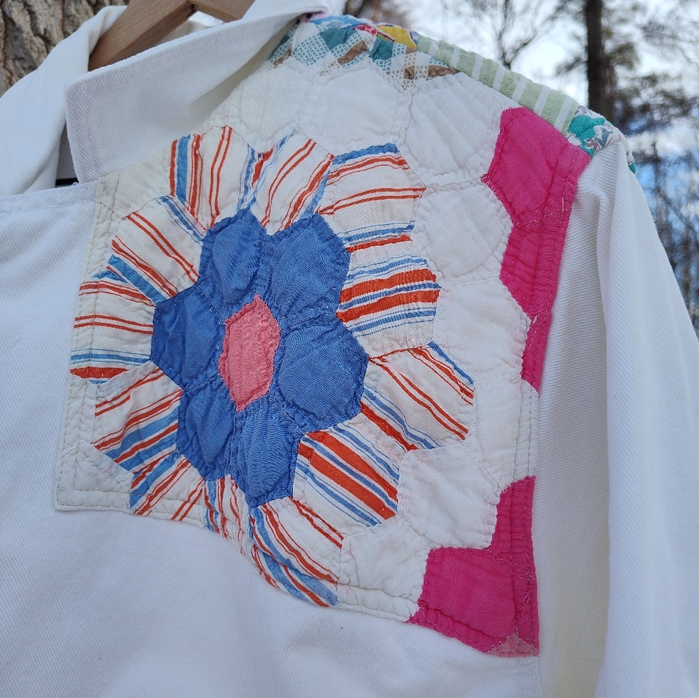 White Quilted Duster Jacket Upcycled Patchwork KAS Originals 80s Cotton One Size - Picture 5 of 16